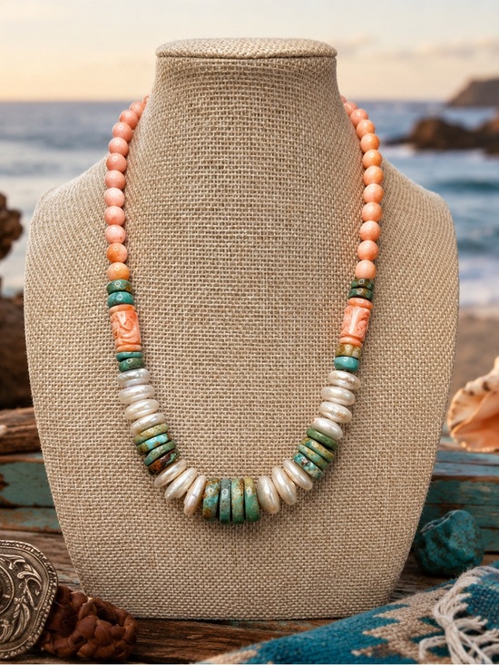 @Kelco Jewelry - Carved Angel-skin Coral & Turquoise Pearl Necklace